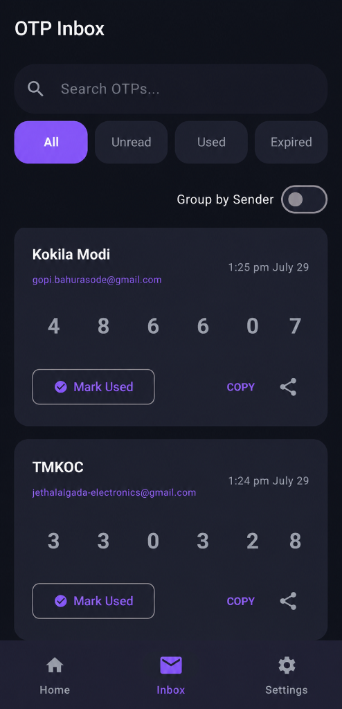 OTP Sync Inbox History View